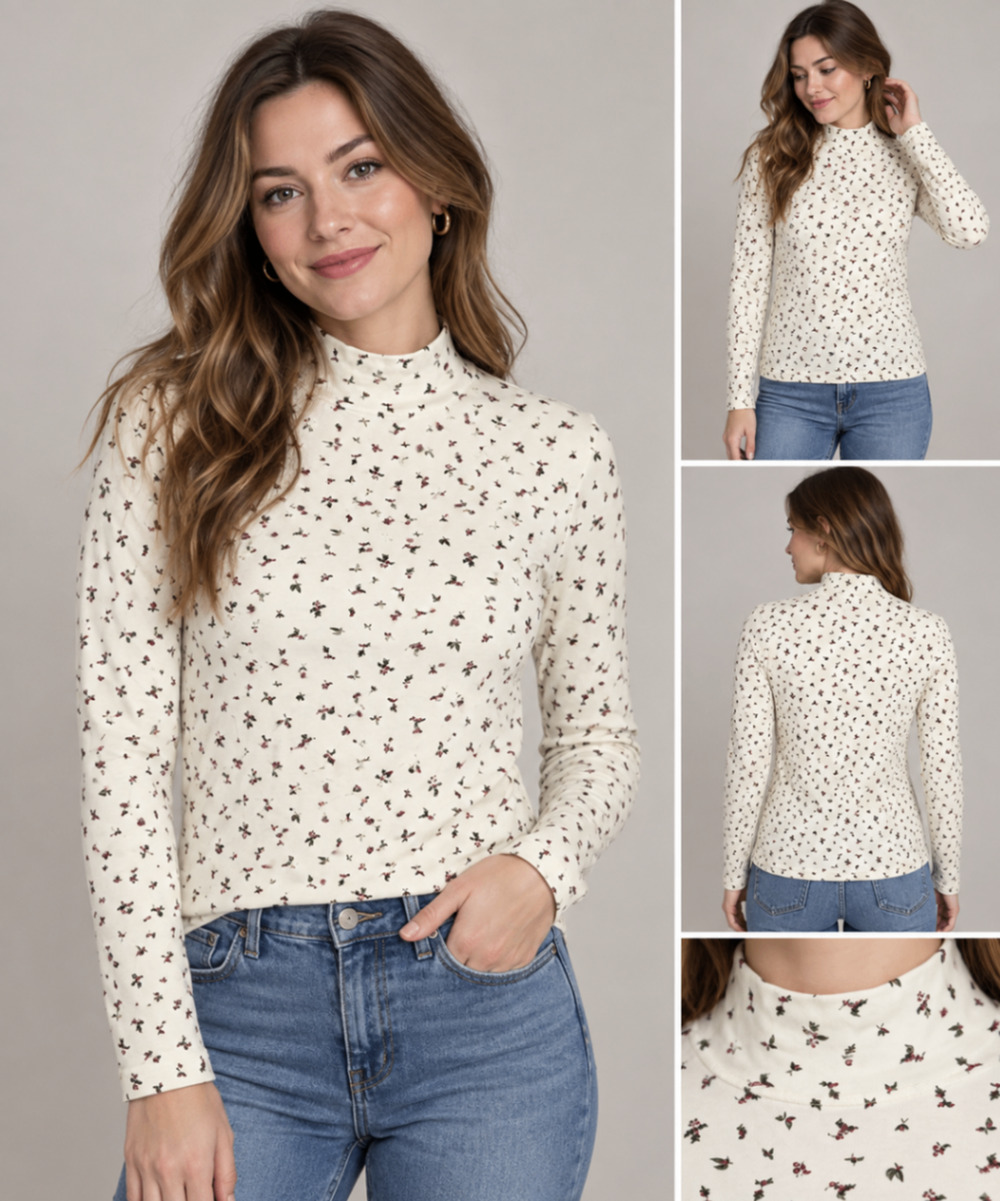High Sierra Size Small Cream Ditsy Floral Turtleneck Top Cotton Spandex Vintage